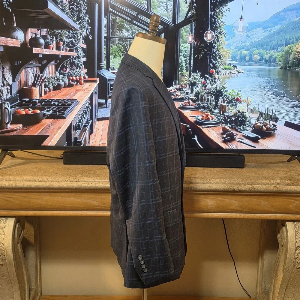 BROOKS BROTHERS Mens 44R Fitgerald Blue Plaid Windowpane Jacket Blazer Sportcoat